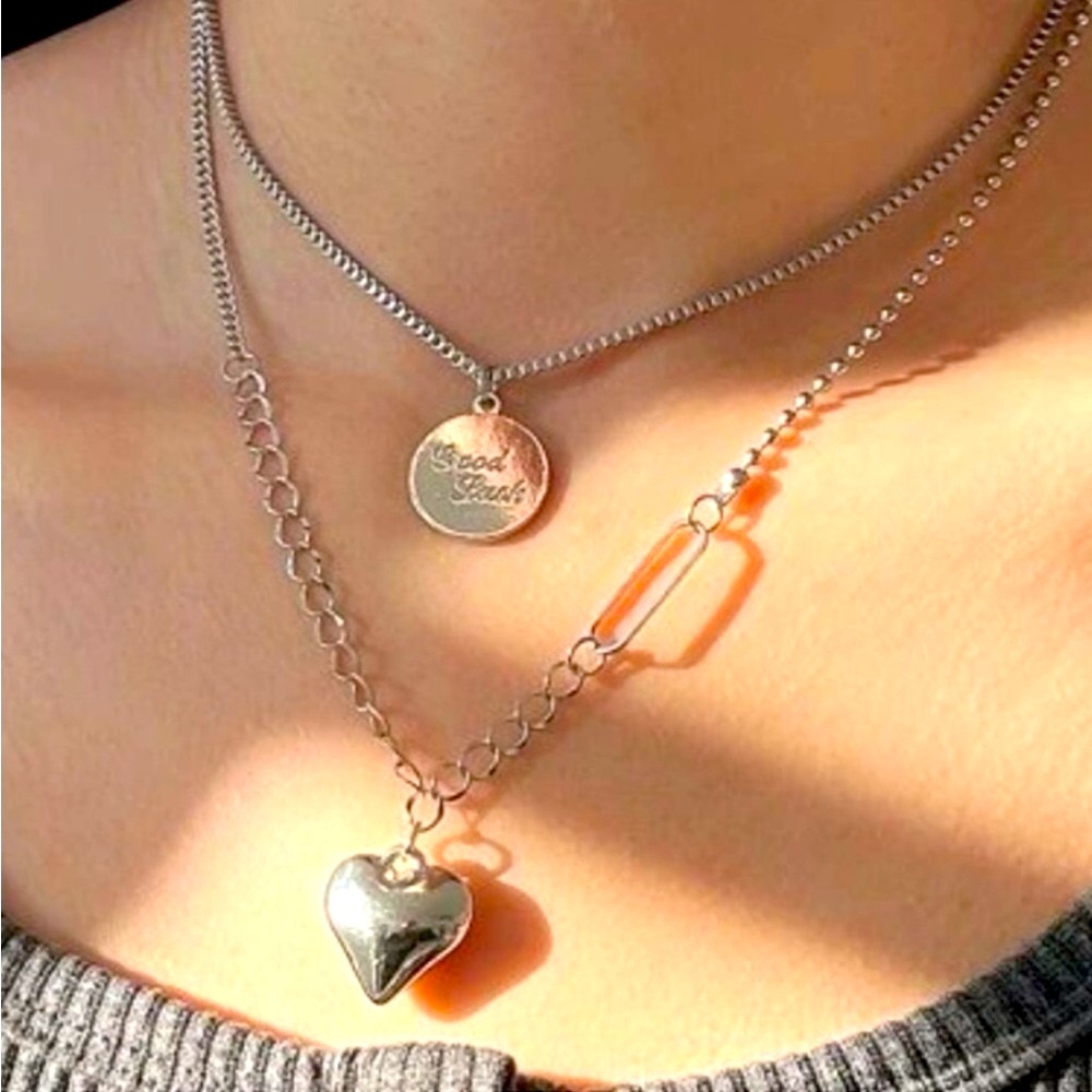 SILVER LAYERED ENGRAVED GOOD LUCK NECKLACE